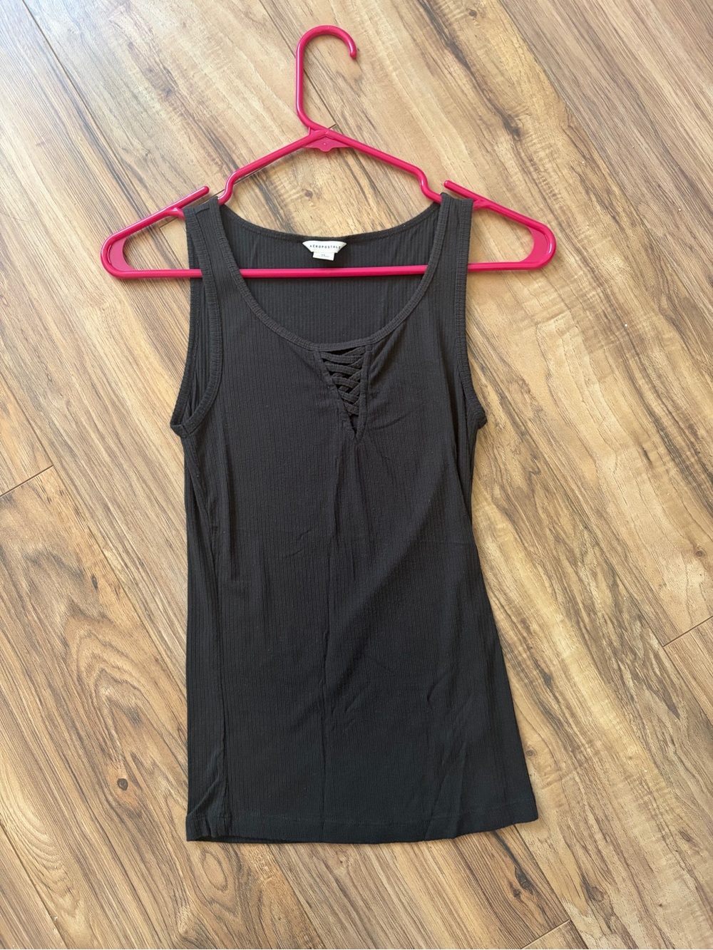 Aeropostale Black Ribbed Tank with Lattice V-Neck